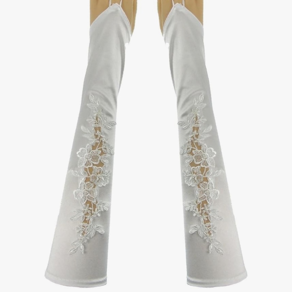 White Floral Embroidered Satin Fingerless Bridal Gloves